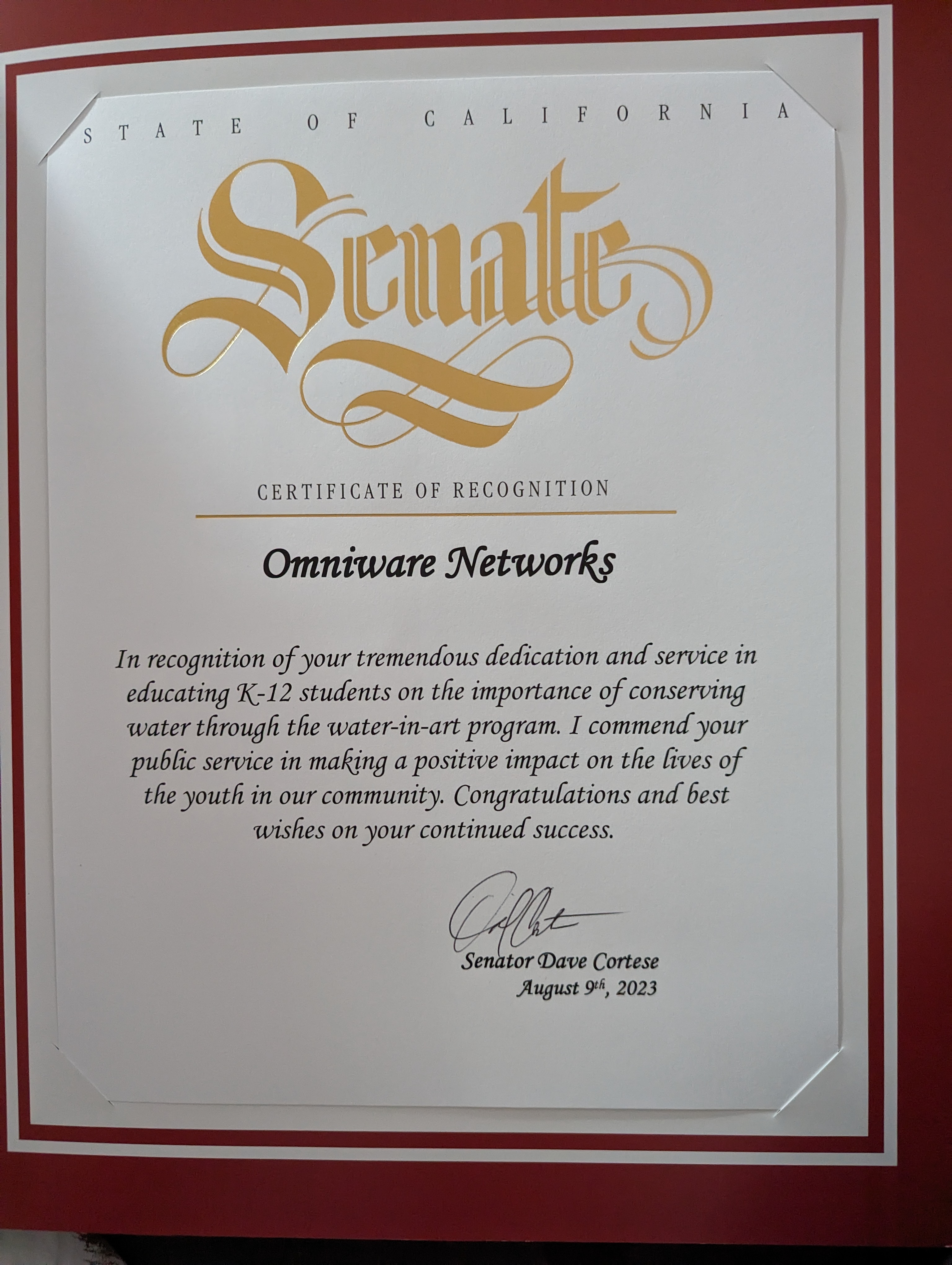Certificate of Recognition from Sen. David Cortese